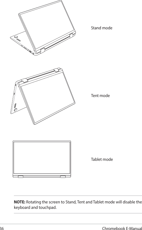 36Chromebook E-ManualTent modeStand modeTablet modeNOTE: Rotating the screen to Stand, Tent and Tablet mode will disable the keyboard and touchpad.