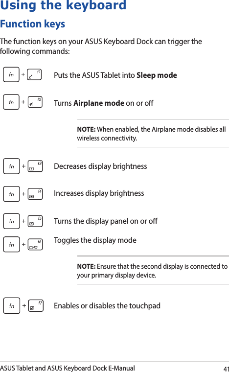 ASUS Tablet and ASUS Keyboard Dock E-Manual41Function keysThe function keys on your ASUS Keyboard Dock can trigger the following commands:Using the keyboardPuts the ASUS Tablet into Sleep modeTurns Airplane mode on or oNOTE: When enabled, the Airplane mode disables all wireless connectivity.Decreases display brightnessIncreases display brightnessTurns the display panel on or oToggles the display modeNOTE: Ensure that the second display is connected to your primary display device.Enables or disables the touchpad