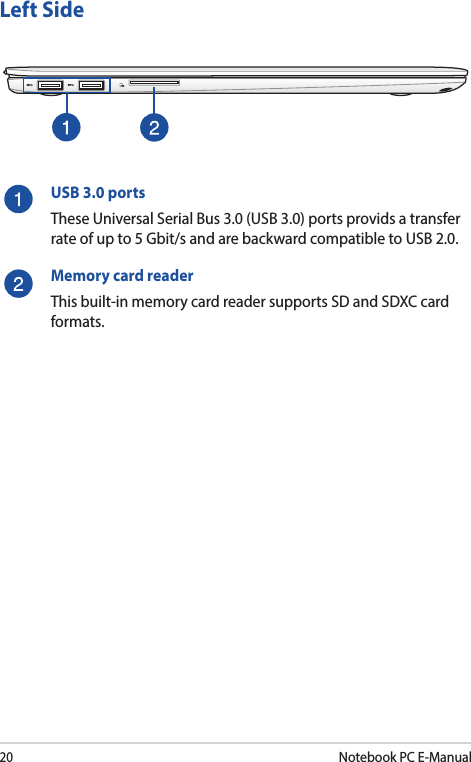 20Notebook PC E-ManualLeft SideUSB 3.0 portsThese Universal Serial Bus 3.0 (USB 3.0) ports provids a transfer rate of up to 5 Gbit/s and are backward compatible to USB 2.0.Memory card reader This built-in memory card reader supports SD and SDXC card formats.