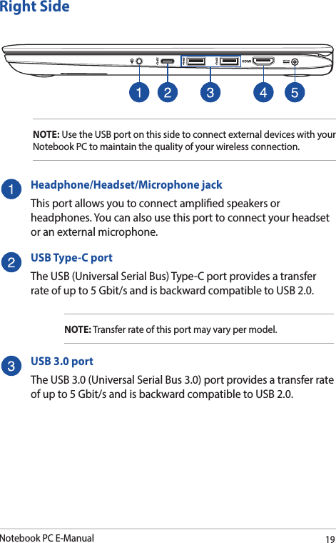 Notebook PC E-Manual19Right SideHeadphone/Headset/Microphone jackThis port allows you to connect amplied speakers or headphones. You can also use this port to connect your headset or an external microphone.USB Type-C portThe USB (Universal Serial Bus) Type-C port provides a transfer rate of up to 5 Gbit/s and is backward compatible to USB 2.0.NOTE: Transfer rate of this port may vary per model.USB 3.0 portThe USB 3.0 (Universal Serial Bus 3.0) port provides a transfer rate of up to 5 Gbit/s and is backward compatible to USB 2.0.NOTE: Use the USB port on this side to connect external devices with your Notebook PC to maintain the quality of your wireless connection.