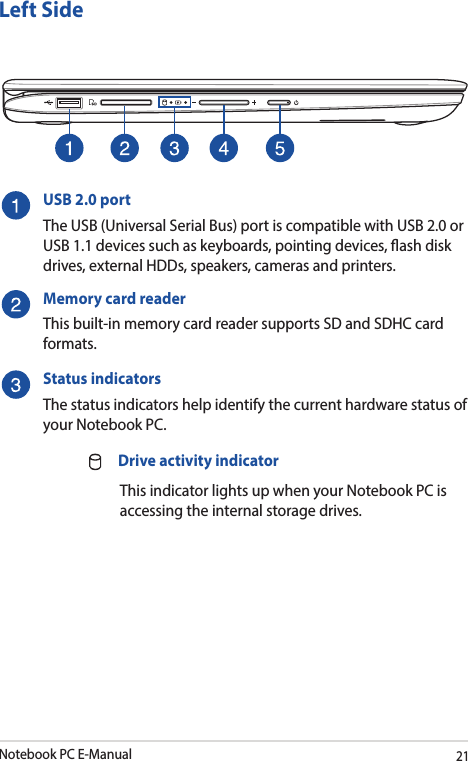 Notebook PC E-Manual21Left SideUSB 2.0 portThe USB (Universal Serial Bus) port is compatible with USB 2.0 or USB 1.1 devices such as keyboards, pointing devices, ash disk drives, external HDDs, speakers, cameras and printers.Memory card readerThis built-in memory card reader supports SD and SDHC card formats.Status indicatorsThe status indicators help identify the current hardware status of your Notebook PC.  Drive activity indicator  This indicator lights up when your Notebook PC is accessing the internal storage drives.