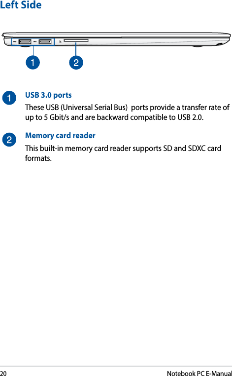 20Notebook PC E-ManualLeft SideUSB 3.0 portsThese USB (Universal Serial Bus)  ports provide a transfer rate of up to 5 Gbit/s and are backward compatible to USB 2.0.Memory card reader This built-in memory card reader supports SD and SDXC card formats.