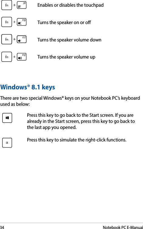 34Notebook PC E-ManualEnables or disables the touchpadTurns the speaker on or oTurns the speaker volume downTurns the speaker volume upWindows® 8.1 keysThere are two special Windows® keys on your Notebook PC’s keyboard used as below:Press this key to go back to the Start screen. If you are already in the Start screen, press this key to go back to the last app you opened.Press this key to simulate the right-click functions.