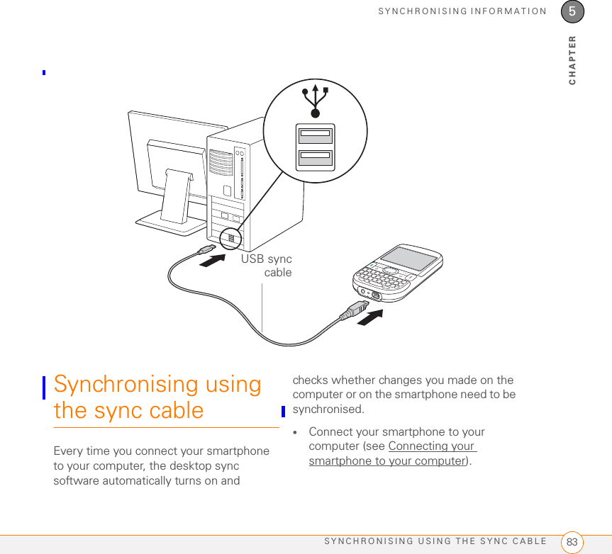 SYNCHRONISING INFORMATIONSYNCHRONISING USING THE SYNC CABLE 835CHAPTERSynchronising using the sync cableEvery time you connect your smartphone to your computer, the desktop sync software automatically turns on and checks whether changes you made on the computer or on the smartphone need to be synchronised.•Connect your smartphone to your computer (see Connecting your smartphone to your computer). USB synccable