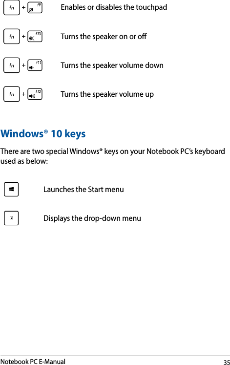 Notebook PC E-Manual35Enables or disables the touchpadTurns the speaker on or oTurns the speaker volume downTurns the speaker volume upWindows® 10 keysThere are two special Windows® keys on your Notebook PC’s keyboard used as below:Launches the Start menuDisplays the drop-down menu