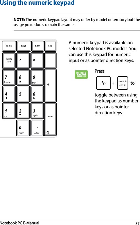 Notebook PC E-Manual37Using the numeric keypadA numeric keypad is available on selected Notebook PC models. You can use this keypad for numeric input or as pointer direction keys. Press  to toggle between using the keypad as number keys or as pointer direction keys.NOTE: The numeric keypad layout may dier by model or territory but the usage procedures remain the same.