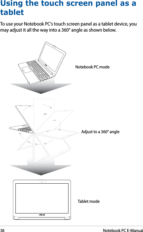 38Notebook PC E-ManualUsing the touch screen panel as a tabletTo use your Notebook PC’s touch screen panel as a tablet device, you may adjust it all the way into a 360° angle as shown below.Notebook PC modeAdjust to a 360° angleTablet mode