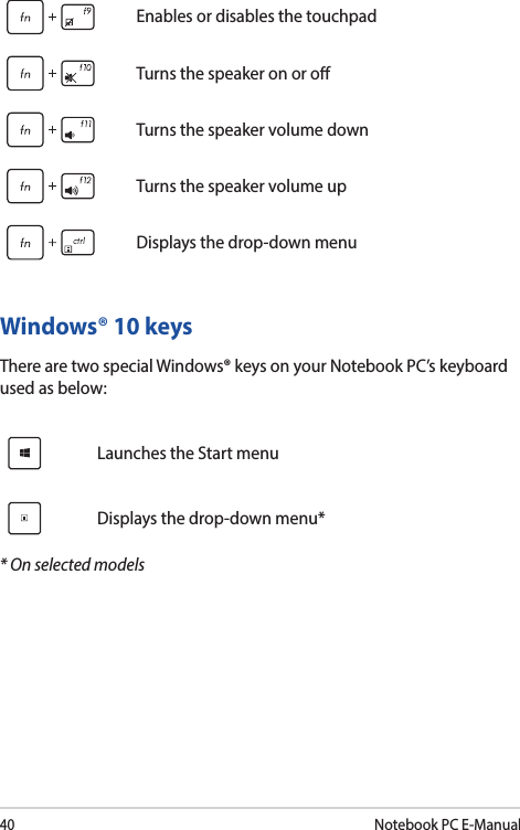 40Notebook PC E-ManualWindows® 10 keysThere are two special Windows® keys on your Notebook PC’s keyboard used as below:Launches the Start menuDisplays the drop-down menu*Enables or disables the touchpadTurns the speaker on or oTurns the speaker volume downTurns the speaker volume upDisplays the drop-down menu* On selected models