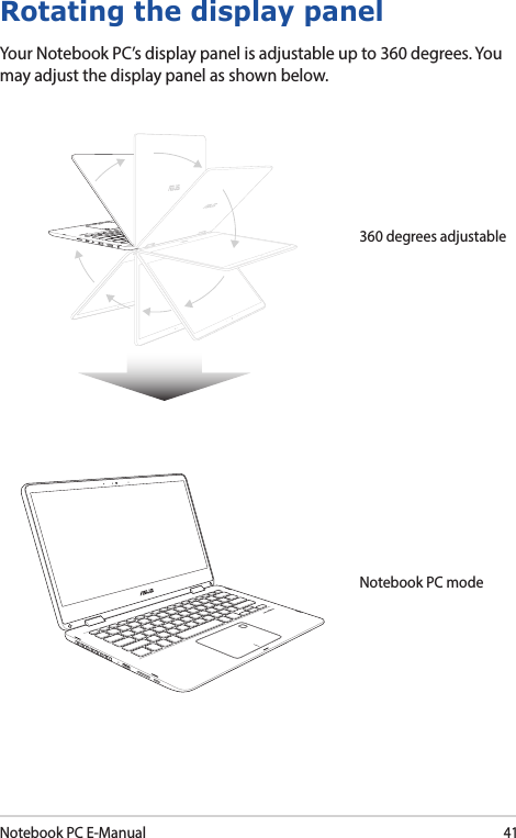 Notebook PC E-Manual41Rotating the display panelYour Notebook PC’s display panel is adjustable up to 360 degrees. You may adjust the display panel as shown below.Notebook PC mode360 degrees adjustable
