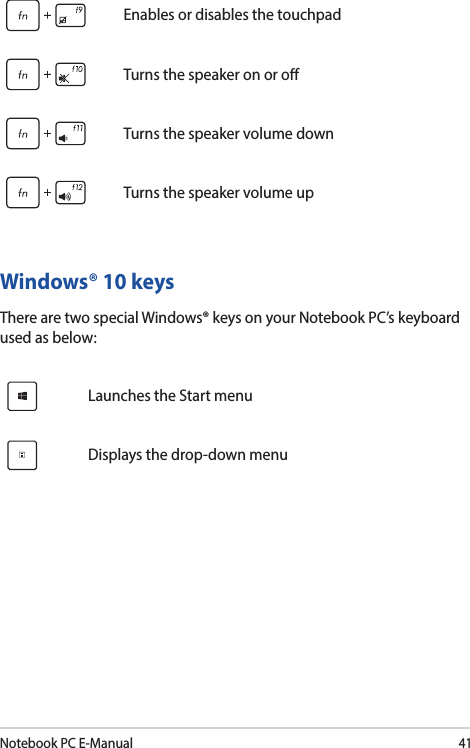 Notebook PC E-Manual41Enables or disables the touchpadTurns the speaker on or oTurns the speaker volume downTurns the speaker volume upWindows® 10 keysThere are two special Windows® keys on your Notebook PC’s keyboard used as below:Launches the Start menuDisplays the drop-down menu