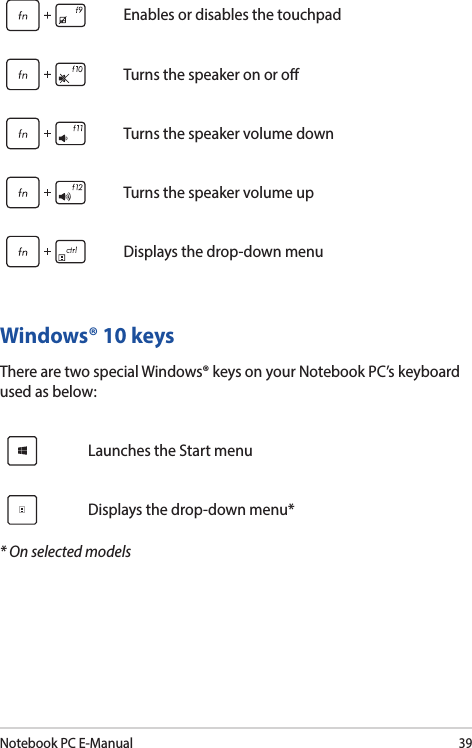 Notebook PC E-Manual39Enables or disables the touchpadTurns the speaker on or oTurns the speaker volume downTurns the speaker volume upDisplays the drop-down menuWindows® 10 keysThere are two special Windows® keys on your Notebook PC’s keyboard used as below:Launches the Start menuDisplays the drop-down menu** On selected models