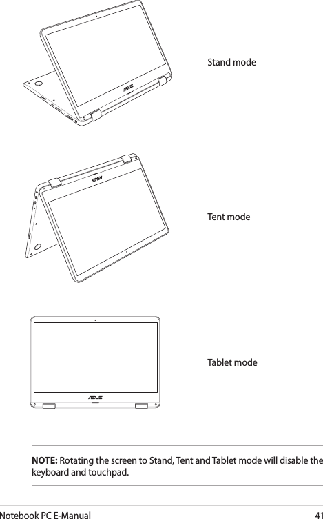 Notebook PC E-Manual41Tent modeStand modeTablet modeNOTE: Rotating the screen to Stand, Tent and Tablet mode will disable the keyboard and touchpad.