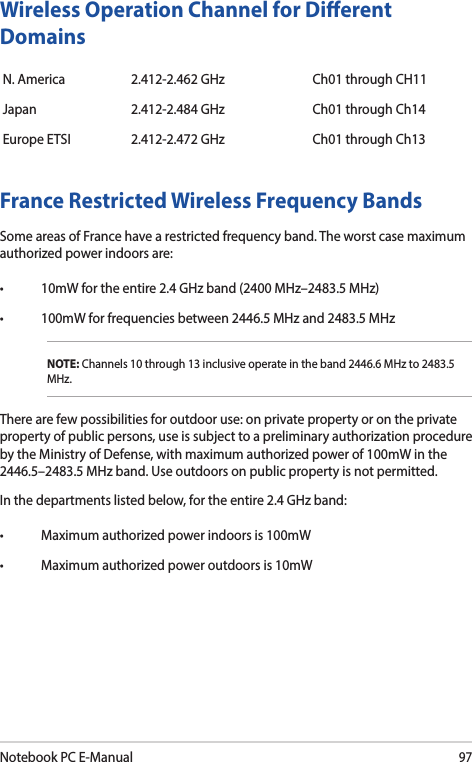 Notebook PC E-Manual97France Restricted Wireless Frequency BandsSome areas of France have a restricted frequency band. The worst case maximum authorized power indoors are:• 10mWfortheentire2.4GHzband(2400MHz–2483.5MHz)• 100mWforfrequenciesbetween2446.5MHzand2483.5MHzNOTE: Channels 10 through 13 inclusive operate in the band 2446.6 MHz to 2483.5 MHz.There are few possibilities for outdoor use: on private property or on the private property of public persons, use is subject to a preliminary authorization procedure by the Ministry of Defense, with maximum authorized power of 100mW in the 2446.5–2483.5MHzband.Useoutdoorsonpublicpropertyisnotpermitted.In the departments listed below, for the entire 2.4 GHz band:• Maximumauthorizedpowerindoorsis100mW• Maximumauthorizedpoweroutdoorsis10mWWireless Operation Channel for Dierent DomainsN. America 2.412-2.462 GHz Ch01 through CH11Japan 2.412-2.484 GHz Ch01 through Ch14Europe ETSI 2.412-2.472 GHz Ch01 through Ch13