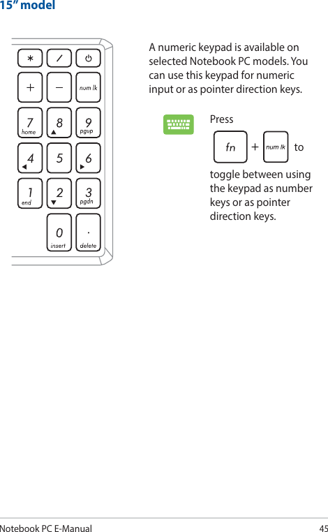 Notebook PC E-Manual4515” modelA numeric keypad is available on selected Notebook PC models. You can use this keypad for numeric input or as pointer direction keys.Press  to toggle between using the keypad as number keys or as pointer direction keys.