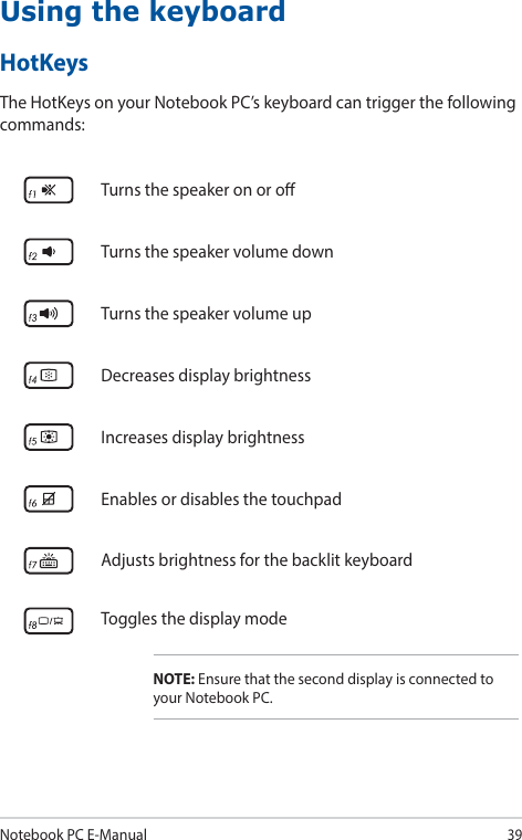 Notebook PC E-Manual39Using the keyboardTurns the speaker on or oTurns the speaker volume downTurns the speaker volume upDecreases display brightnessIncreases display brightnessEnables or disables the touchpadAdjusts brightness for the backlit keyboardToggles the display modeNOTE: Ensure that the second display is connected to your Notebook PC.HotKeysThe HotKeys on your Notebook PC’s keyboard can trigger the following commands:
