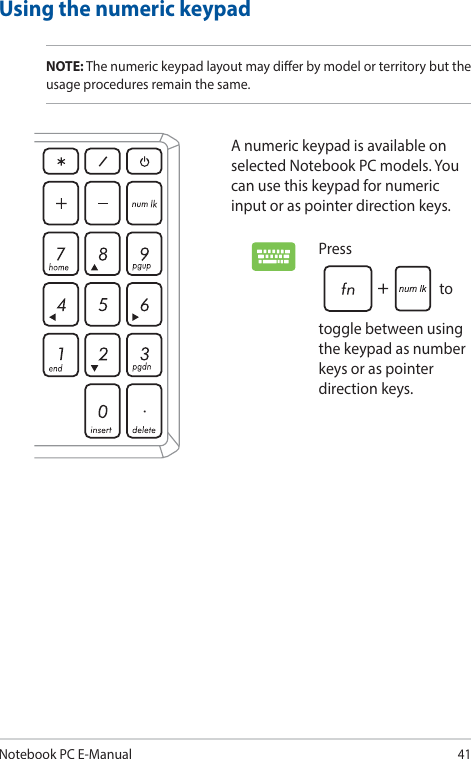 Notebook PC E-Manual41Using the numeric keypadNOTE: The numeric keypad layout may dier by model or territory but the usage procedures remain the same.A numeric keypad is available on selected Notebook PC models. You can use this keypad for numeric input or as pointer direction keys.Press  to toggle between using the keypad as number keys or as pointer direction keys.