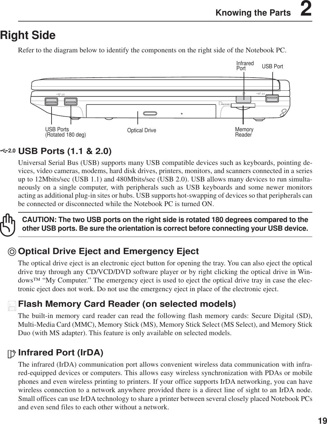 19Knowing the Parts    2Right SideRefer to the diagram below to identify the components on the right side of the Notebook PC.Optical Drive Eject and Emergency EjectThe optical drive eject is an electronic eject button for opening the tray. You can also eject the opticaldrive tray through any CD/VCD/DVD software player or by right clicking the optical drive in Win-dows™ “My Computer.” The emergency eject is used to eject the optical drive tray in case the elec-tronic eject does not work. Do not use the emergency eject in place of the electronic eject.Flash Memory Card Reader (on selected models)The built-in memory card reader can read the following flash memory cards: Secure Digital (SD),Multi-Media Card (MMC), Memory Stick (MS), Memory Stick Select (MS Select), and Memory StickDuo (with MS adapter). This feature is only available on selected models.Infrared Port (IrDA)The infrared (IrDA) communication port allows convenient wireless data communication with infra-red-equipped devices or computers. This allows easy wireless synchronization with PDAs or mobilephones and even wireless printing to printers. If your office supports IrDA networking, you can havewireless connection to a network anywhere provided there is a direct line of sight to an IrDA node.Small offices can use IrDA technology to share a printer between several closely placed Notebook PCsand even send files to each other without a network.MemoryReaderInfraredPortUSB Ports(Rotated 180 deg)USB PortOptical Drive2.0USB Ports (1.1 &amp; 2.0)Universal Serial Bus (USB) supports many USB compatible devices such as keyboards, pointing de-vices, video cameras, modems, hard disk drives, printers, monitors, and scanners connected in a seriesup to 12Mbits/sec (USB 1.1) and 480Mbits/sec (USB 2.0). USB allows many devices to run simulta-neously on a single computer, with peripherals such as USB keyboards and some newer monitorsacting as additional plug-in sites or hubs. USB supports hot-swapping of devices so that peripherals canbe connected or disconnected while the Notebook PC is turned ON.CAUTION: The two USB ports on the right side is rotated 180 degrees compared to theother USB ports. Be sure the orientation is correct before connecting your USB device.