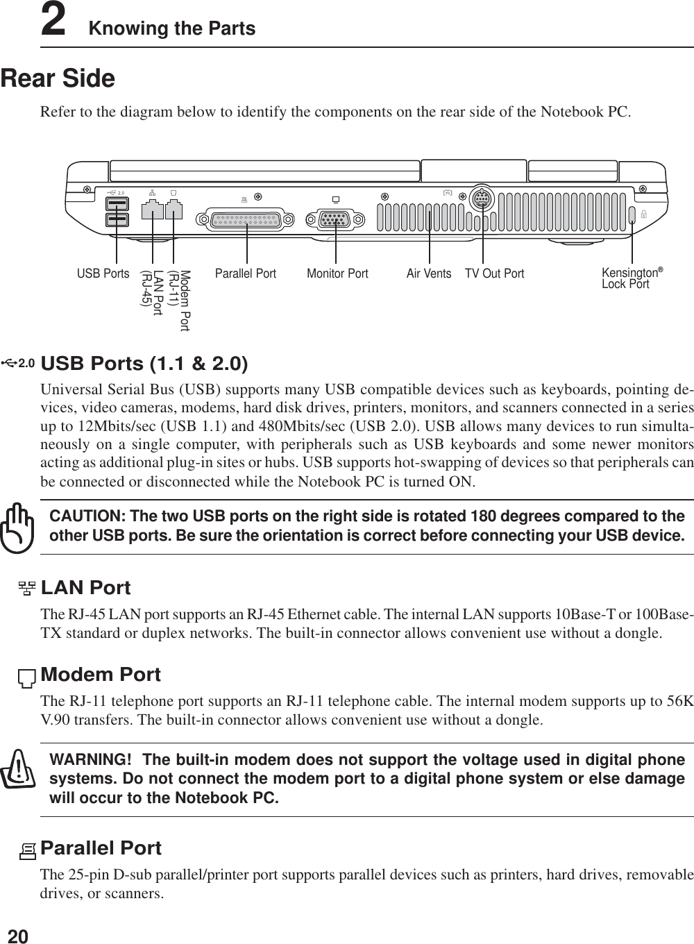 202    Knowing the PartsRear SideRefer to the diagram below to identify the components on the rear side of the Notebook PC.Parallel PortThe 25-pin D-sub parallel/printer port supports parallel devices such as printers, hard drives, removabledrives, or scanners.LAN PortThe RJ-45 LAN port supports an RJ-45 Ethernet cable. The internal LAN supports 10Base-T or 100Base-TX standard or duplex networks. The built-in connector allows convenient use without a dongle.Modem PortThe RJ-11 telephone port supports an RJ-11 telephone cable. The internal modem supports up to 56KV.90 transfers. The built-in connector allows convenient use without a dongle.WARNING!  The built-in modem does not support the voltage used in digital phonesystems. Do not connect the modem port to a digital phone system or else damagewill occur to the Notebook PC.Modem Port(RJ-11)LAN Port(RJ-45)Monitor Port Air VentsUSB Ports Parallel Port Kensington®Lock PortTV Out Port2.0USB Ports (1.1 &amp; 2.0)Universal Serial Bus (USB) supports many USB compatible devices such as keyboards, pointing de-vices, video cameras, modems, hard disk drives, printers, monitors, and scanners connected in a seriesup to 12Mbits/sec (USB 1.1) and 480Mbits/sec (USB 2.0). USB allows many devices to run simulta-neously on a single computer, with peripherals such as USB keyboards and some newer monitorsacting as additional plug-in sites or hubs. USB supports hot-swapping of devices so that peripherals canbe connected or disconnected while the Notebook PC is turned ON.CAUTION: The two USB ports on the right side is rotated 180 degrees compared to theother USB ports. Be sure the orientation is correct before connecting your USB device.