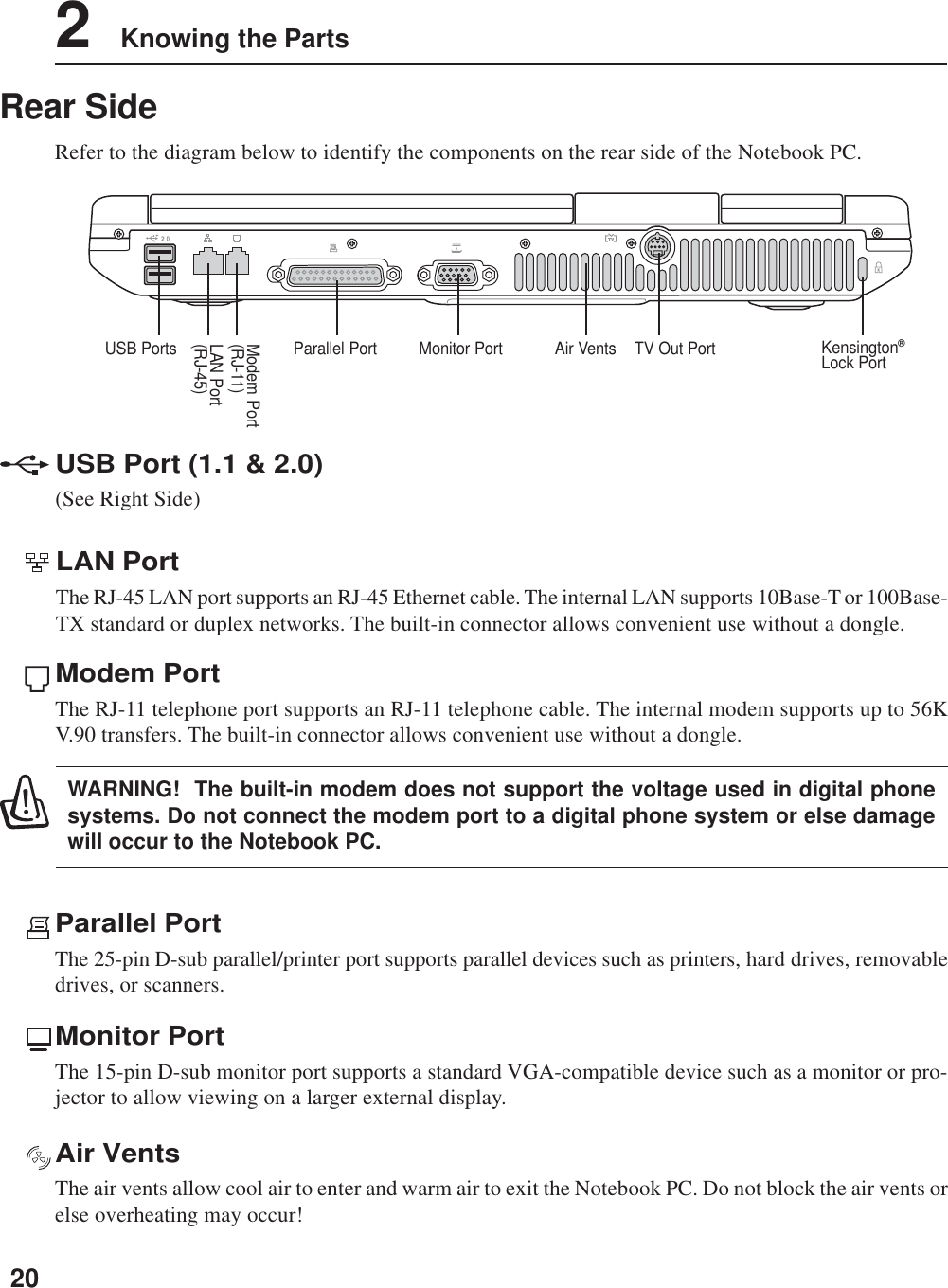 202    Knowing the PartsRear SideRefer to the diagram below to identify the components on the rear side of the Notebook PC.Parallel PortThe 25-pin D-sub parallel/printer port supports parallel devices such as printers, hard drives, removabledrives, or scanners.Monitor PortThe 15-pin D-sub monitor port supports a standard VGA-compatible device such as a monitor or pro-jector to allow viewing on a larger external display.LAN PortThe RJ-45 LAN port supports an RJ-45 Ethernet cable. The internal LAN supports 10Base-T or 100Base-TX standard or duplex networks. The built-in connector allows convenient use without a dongle.Modem PortThe RJ-11 telephone port supports an RJ-11 telephone cable. The internal modem supports up to 56KV.90 transfers. The built-in connector allows convenient use without a dongle.WARNING!  The built-in modem does not support the voltage used in digital phonesystems. Do not connect the modem port to a digital phone system or else damagewill occur to the Notebook PC.USB Port (1.1 &amp; 2.0)(See Right Side)Modem Port(RJ-11)LAN Port(RJ-45)Monitor Port Air VentsUSB Ports Parallel Port Kensington®Lock PortTV Out PortAir VentsThe air vents allow cool air to enter and warm air to exit the Notebook PC. Do not block the air vents orelse overheating may occur!