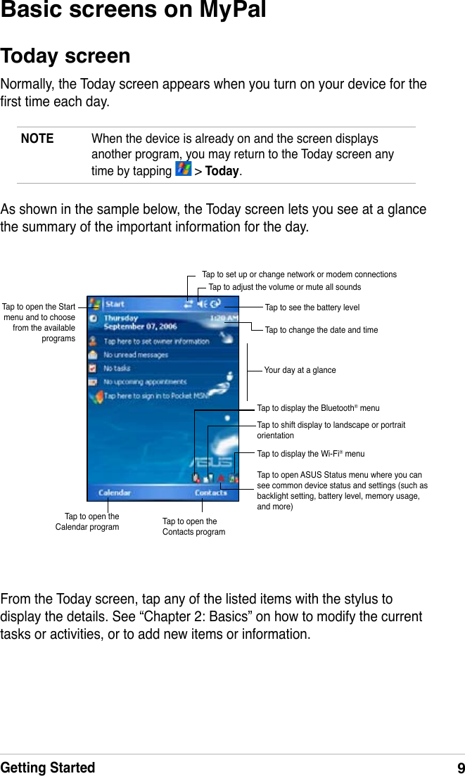 Getting Started9Basic screens on MyPalToday screenNormally, the Today screen appears when you turn on your device for the rst time each day. NOTE  When the device is already on and the screen displays another program, you may return to the Today screen any time by tapping   &gt; Today. As shown in the sample below, the Today screen lets you see at a glance the summary of the important information for the day.From the Today screen, tap any of the listed items with the stylus to display the details. See “Chapter 2: Basics” on how to modify the current tasks or activities, or to add new items or information.Tap to set up or change network or modem connectionsTap to open the Start menu and to choose from the available  programsTap to adjust the volume or mute all soundsTap to see the battery levelTap to change the date and timeYour day at a glanceTap to open ASUS Status menu where you can see common device status and settings (such as backlight setting, battery level, memory usage, and more)Tap to shift display to landscape or portrait orientationTap to display the Bluetooth® menuTap to display the Wi-Fi® menuTap to open the Calendar program  Tap to open the Contacts program