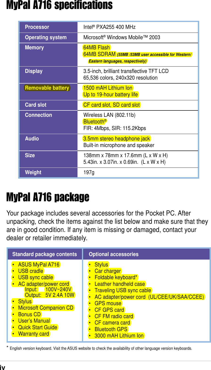 ivMyPal A716 specificationsMyPal A716 packageYour package includes several accessories for the Pocket PC. Afterunpacking, check the items against the list below and make sure that theyare in good condition. If any item is missing or damaged, contact yourdealer or retailer immediately.* English version keyboard. Visit the ASUS website to check the availability of other language version keyboards.Standard package contents• ASUS MyPal A716• USB cradle• USB sync cable• AC adapter/power cord     Input: 100V~240V     Output: 5V 2.4A 10W• Stylus• Microsoft Companion CD• Bonus CD• User’s Manual• Quick Start Guide• Warranty cardOptional accessories• Stylus• Car charger• Foldable keyboard*• Leather handheld case• Traveling USB sync cable• AC adapter/power cord  (UL/CEE/UK/SAA/CCEE)• GPS mouse• CF GPS card• CF FM radio card• CF camera card• Bluetooth GPS• 3000 mAH Lithium IonProcessorOperating systemMemoryDisplayRemovable batteryCard slotConnectionAudioSizeWeightIntel® PXA255 400 MHzMicrosoft® Windows Mobile™ 200364MB Flash64MB SDRAM (55MB /53MB user accessible for Western/     Eastern languages, respectively)3.5-inch, brilliant transflective TFT LCD65,536 colors, 240x320 resolution1500 mAH Lithium IonUp to 19-hour battery lifeCF card slot, SD card slotWireless LAN (802.11b)Bluetooth®FIR: 4Mbps, SIR: 115.2Kbps3.5mm stereo headphone jackBuilt-in microphone and speaker138mm x 78mm x 17.6mm (L x W x H)5.43in. x 3.07in. x 0.69in.  (L x W x H)197g