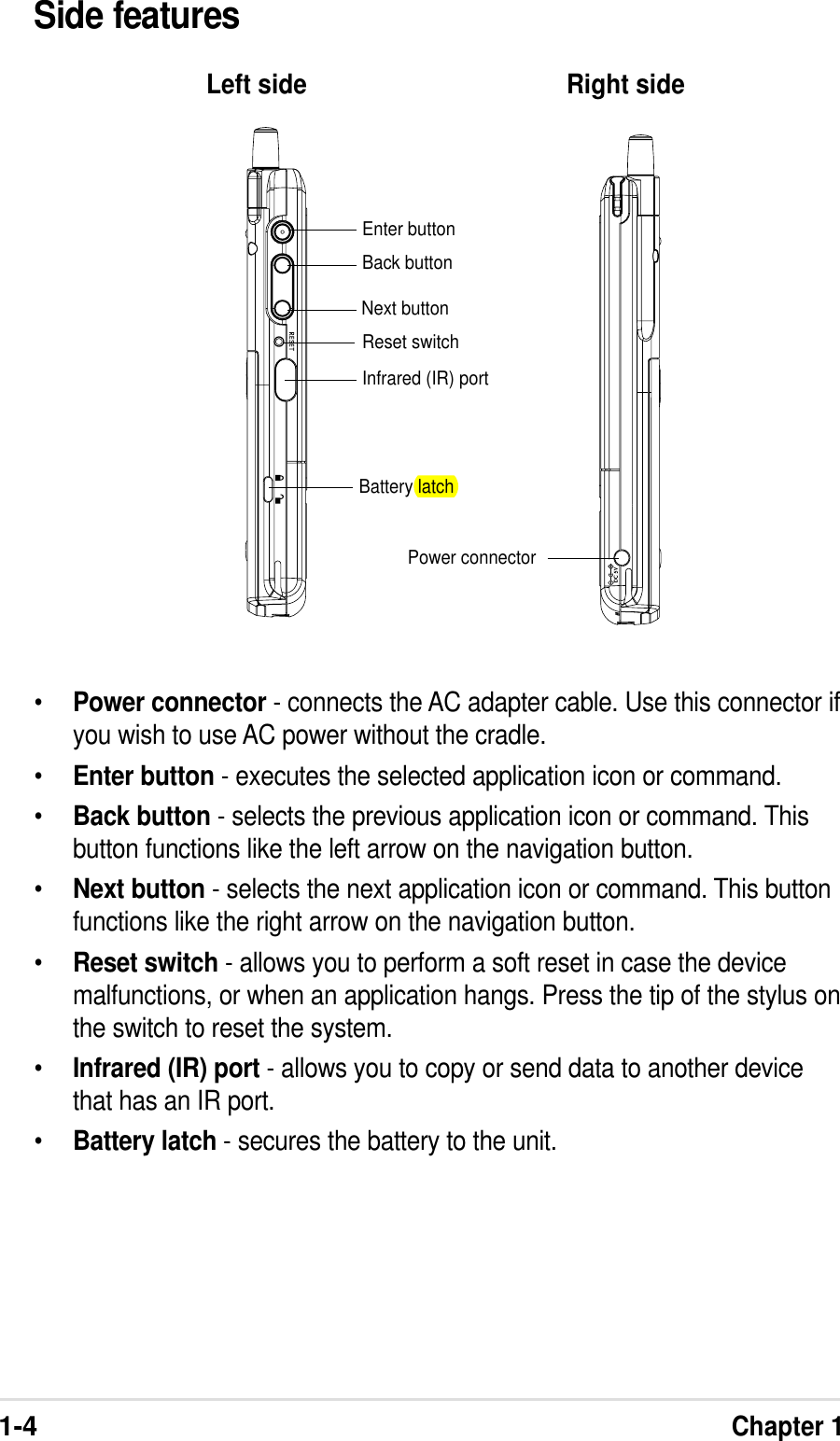 1-4Chapter 1Side features•Power connector - connects the AC adapter cable. Use this connector ifyou wish to use AC power without the cradle.•Enter button - executes the selected application icon or command.•Back button - selects the previous application icon or command. Thisbutton functions like the left arrow on the navigation button.•Next button - selects the next application icon or command. This buttonfunctions like the right arrow on the navigation button.•Reset switch - allows you to perform a soft reset in case the devicemalfunctions, or when an application hangs. Press the tip of the stylus onthe switch to reset the system.•Infrared (IR) port - allows you to copy or send data to another devicethat has an IR port.•Battery latch - secures the battery to the unit.Left side Right sideEnter buttonBack buttonInfrared (IR) portReset switchNext buttonPower connectorBattery latch