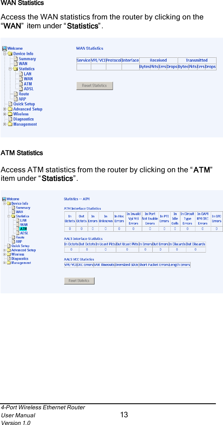 4-Port Wireless Ethernet RouterUser Manual13Version 1.0WAN StatisticsAccess the WAN statistics from the router by clicking on the “WANN”  item under “Statisticss” .ATM StatisticsAccess ATM statistics from the router by clicking on the “ATMM”item under “Statisticss”.