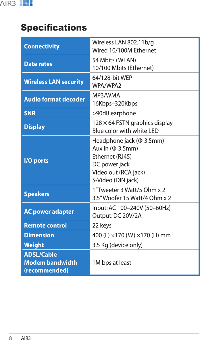 AIR38AIR3SpecicationsConnectivity Wireless LAN 802.11b/g Wired 10/100M EthernetDate rates 54 Mbits (WLAN) 10/100 Mbits (Ethernet)Wireless LAN security 64/128-bit WEP WPA/WPA2Audio format decoder MP3/WMA 16Kbps–320KbpsSNR &gt;90dB earphoneDisplay 128 × 64 FSTN graphics display Blue color with white LEDI/O portsHeadphone jack (Φ 3.5mm) Aux In (Φ 3.5mm) Ethernet (RJ45) DC power jack Video out (RCA jack) S-Video (DIN jack)Speakers 1” Tweeter 3 Watt/5 Ohm x 2 3.5” Woofer 15 Watt/4 Ohm x 2AC power adapter Input: AC 100–240V (50–60Hz) Output: DC 20V/2ARemote control 22 keysDimension 400 (L) ×170 (W) ×170 (H) mmWeight 3.5 Kg (device only)ADSL/Cable Modem bandwidth (recommended)1M bps at least