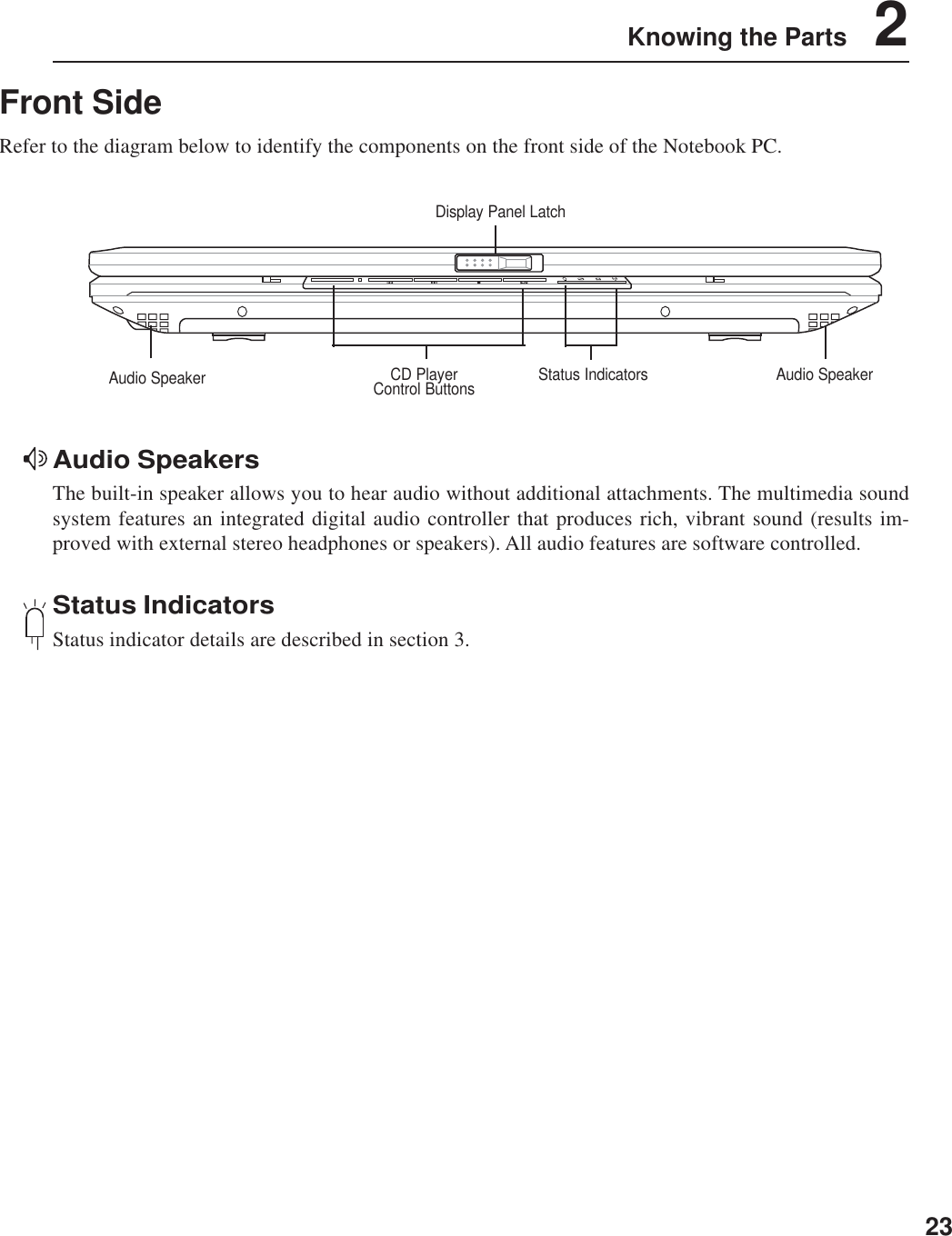 23Knowing the Parts    2Front SideRefer to the diagram below to identify the components on the front side of the Notebook PC.Status IndicatorsStatus indicator details are described in section 3.Audio SpeakersThe built-in speaker allows you to hear audio without additional attachments. The multimedia soundsystem features an integrated digital audio controller that produces rich, vibrant sound (results im-proved with external stereo headphones or speakers). All audio features are software controlled.Display Panel LatchStatus IndicatorsCD PlayerControl Buttons Audio SpeakerAudio Speaker