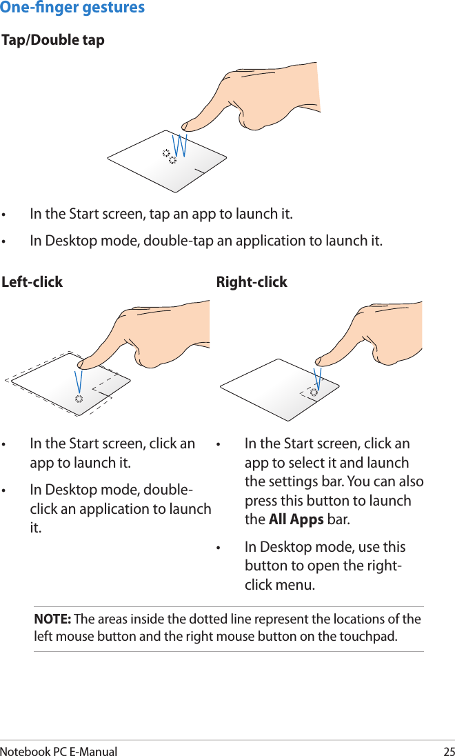 Notebook PC E-Manual25One-nger gesturesTap/Double tap•  In the Start screen, tap an app to launch it.•  In Desktop mode, double-tap an application to launch it.Left-click Right-click•  In the Start screen, click an app to launch it.•  In Desktop mode, double-click an application to launch it.•  In the Start screen, click an app to select it and launch the settings bar. You can also press this button to launch the All Apps bar.•  In Desktop mode, use this button to open the right-click menu.NOTE: The areas inside the dotted line represent the locations of the left mouse button and the right mouse button on the touchpad. 