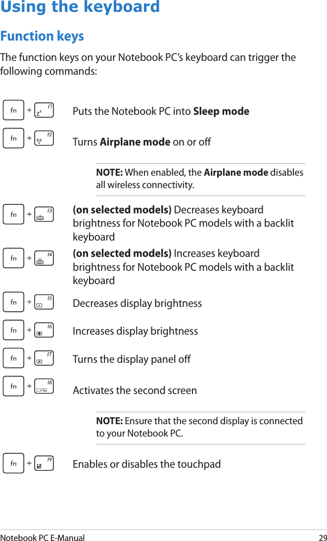 Notebook PC E-Manual29Function keysThe function keys on your Notebook PC’s keyboard can trigger the following commands:Using the keyboardPuts the Notebook PC into Sleep modeTurns Airplane mode on or oNOTE: When enabled, the Airplane mode disables all wireless connectivity.(on selected models) Decreases keyboard brightness for Notebook PC models with a backlit keyboard(on selected models) Increases keyboard brightness for Notebook PC models with a backlit keyboardDecreases display brightnessIncreases display brightnessTurns the display panel oActivates the second screenNOTE: Ensure that the second display is connected to your Notebook PC.Enables or disables the touchpad