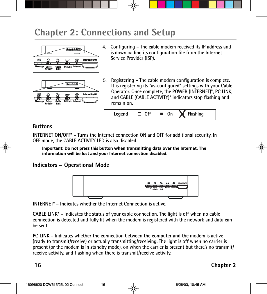 16 Chapter 2Chapter 2: Connections and Setup4. Configuring – The cable modem received its IP address andis downloading its configuration file from the InternetService Provider (ISP).Internet On/OffCableActivity CableLinkMessage PC Link InternetInternet On/OffCableActivity CableLinkMessage PC Link InternetxxxxInternet On/OffCableActivity CableLinkMessage PC Link InternetInternet On/OffCableActivity CableLinkMessage PC Link Internetxxxxx5. Registering – The cable modem configuration is complete.It is registering its “as-configured” settings with your CableOperator. Once complete, the POWER (INTERNET)*, PC LINK,and CABLE (CABLE ACTIVITY)* indicators stop flashing andremain on.Internet On/OffCableActivity CableLinkMessage PC Link InternetINTERNET* – Indicates whether the Internet Connection is active.CABLE LINK* – Indicates the status of your cable connection. The light is off when no cableconnection is detected and fully lit when the modem is registered with the network and data canbe sent.PC LINK – Indicates whether the connection between the computer and the modem is active(ready to transmit/receive) or actually transmitting/receiving. The light is off when no carrier ispresent (or the modem is in standby mode), on when the carrier is present but there’s no transmit/receive activity, and flashing when there is transmit/receive activity.ButtonsINTERNET ON/OFF* – Turns the Internet connection ON and OFF for additional security. InOFF mode, the CABLE ACTIVITY LED is also disabled.Important: Do not press this button when transmitting data over the Internet. Theinformation will be lost and your Internet connection disabled.Indicators – Operational ModeLegend             Off             On            FlashingX 16096620 DCW615/25. 02 Connect 6/26/03, 10:45 AM16