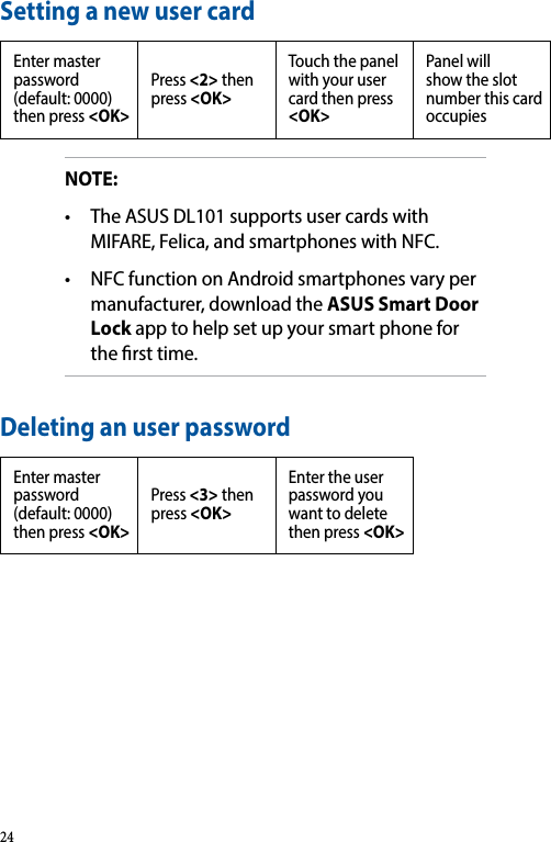 Setting a new user cardEnter master password (default: 0000) then press &lt;OK&gt;Press &lt;2&gt; then press &lt;OK&gt;Touch the panel with your user card then press &lt;OK&gt;Panel will show the slot number this card occupiesNOTE: • TheASUSDL101supportsusercardswithMIFARE, Felica, and smartphones with NFC.• NFCfunctiononAndroidsmartphonesvarypermanufacturer, download the ASUS Smart Door Lock app to help set up your smart phone for the rst time.Deleting an user passwordEnter master password (default: 0000) then press &lt;OK&gt;Press &lt;3&gt; then press &lt;OK&gt;Enter the user password you want to delete then press &lt;OK&gt;24