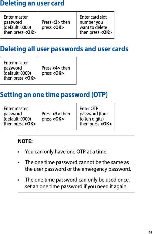 Deleting an user cardEnter master password (default: 0000) then press &lt;OK&gt;Press &lt;3&gt; then press &lt;OK&gt;Enter card slot number you want to delete then press &lt;OK&gt;Deleting all user passwords and user cardsEnter master password (default: 0000) then press &lt;OK&gt;Press &lt;4&gt; then press &lt;OK&gt;Setting an one time password (OTP)Enter master password (default: 0000) then press &lt;OK&gt;Press &lt;5&gt; then press &lt;OK&gt;Enter OTP password (four to ten digits) then press &lt;OK&gt;NOTE: • YoucanonlyhaveoneOTPatatime.• Theonetimepasswordcannotbethesameasthe user password or the emergency password.• Theonetimepasswordcanonlybeusedonce,set an one time password if you need it again.25