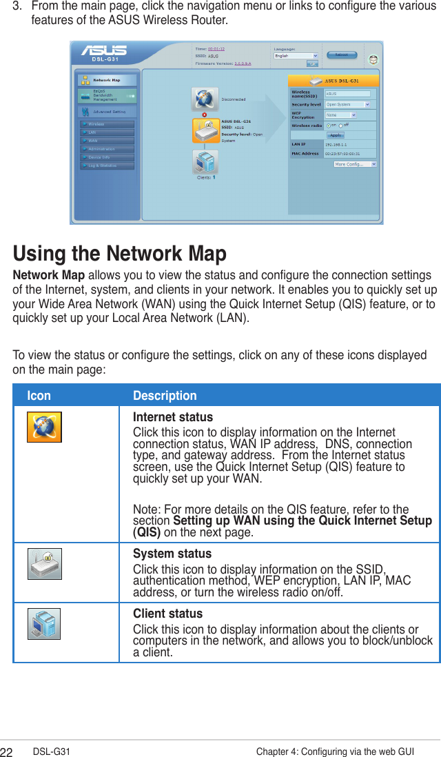 22 DSL-G31                   Chapter 4: Conguring via the web GUI3.  From the main page, click the navigation menu or links to congure the various features of the ASUS Wireless Router.Using the Network MapNetwork Map allows you to view the status and congure the connection settings of the Internet, system, and clients in your network. It enables you to quickly set up your Wide Area Network (WAN) using the Quick Internet Setup (QIS) feature, or to quickly set up your Local Area Network (LAN).To view the status or congure the settings, click on any of these icons displayed on the main page:Icon DescriptionInternet statusClick this icon to display information on the Internet connection status, WAN IP address,  DNS, connection type, and gateway address.  From the Internet status screen, use the Quick Internet Setup (QIS) feature to quickly set up your WAN.Note: For more details on the QIS feature, refer to the section Setting up WAN using the Quick Internet Setup (QIS) on the next page.System statusClick this icon to display information on the SSID, authentication method, WEP encryption, LAN IP, MAC address, or turn the wireless radio on/off.Client statusClick this icon to display information about the clients or computers in the network, and allows you to block/unblock a client.
