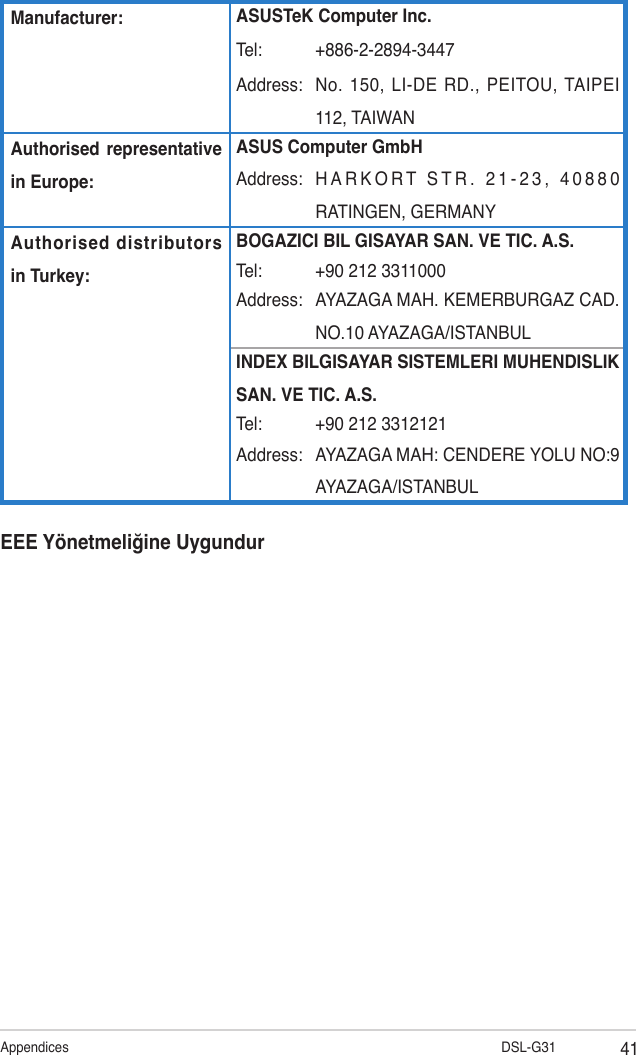 41Appendices                              DSL-G31Manufacturer: ASUSTeK Computer Inc.Tel: +886-2-2894-3447Address: No.  150,  LI-DE  RD.,  PEITOU,  TAIPEI 112, TAIWANAuthorised  representative  in Europe:ASUS Computer GmbHAddress: H A R K O R T  S T R .   2 1 - 2 3 ,  4 0 8 8 0 RATINGEN, GERMANYAuthorised distributors  in Turkey:BOGAZICI BIL GISAYAR SAN. VE TIC. A.S.Tel: +90 212 3311000Address: AYAZAGA MAH. KEMERBURGAZ CAD. NO.10 AYAZAGA/ISTANBULINDEX BILGISAYAR SISTEMLERI MUHENDISLIK SAN. VE TIC. A.S.Tel: +90 212 3312121Address: AYAZAGA MAH: CENDERE YOLU NO:9 AYAZAGA/ISTANBULEEE Yönetmeliğine Uygundur