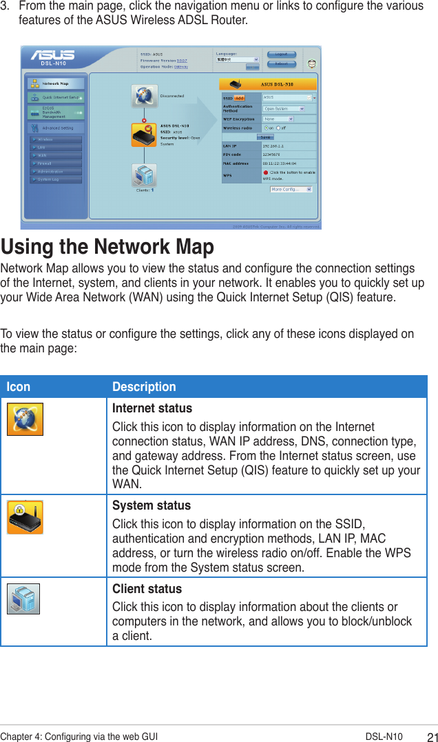 21Chapter 4: Conguring via the web GUI                      DSL-N103.  From the main page, click the navigation menu or links to congure the various features of the ASUS Wireless ADSL Router.Using the Network MapNetwork Map allows you to view the status and congure the connection settings of the Internet, system, and clients in your network. It enables you to quickly set up your Wide Area Network (WAN) using the Quick Internet Setup (QIS) feature.To view the status or congure the settings, click any of these icons displayed on the main page:Icon DescriptionInternet statusClick this icon to display information on the Internet connection status, WAN IP address, DNS, connection type, and gateway address. From the Internet status screen, use the Quick Internet Setup (QIS) feature to quickly set up your WAN.System statusClick this icon to display information on the SSID, authentication and encryption methods, LAN IP, MAC address, or turn the wireless radio on/off. Enable the WPS mode from the System status screen.Client statusClick this icon to display information about the clients or computers in the network, and allows you to block/unblock a client.