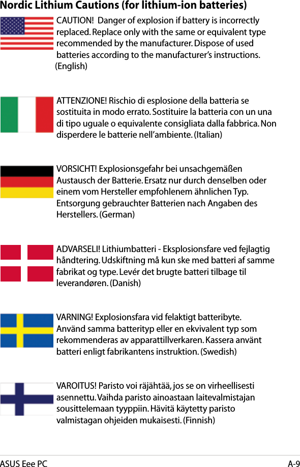 ASUS Eee PCA-9Nordic Lithium Cautions (for lithium-ion batteries)CAUTION!  Danger of explosion if battery is incorrectly replaced. Replace only with the same or equivalent type recommended by the manufacturer. Dispose of used batteries according to the manufacturer’s instructions.               (English) ATTENZIONE! Rischio di esplosione della batteria se sostituita in modo errato. Sostituire la batteria con un una di tipo uguale o equivalente consigliata dalla fabbrica. Non disperdere le batterie nell’ambiente. (Italian) VORSICHT! Explosionsgefahr bei unsachgemäßen Austausch der Batterie. Ersatz nur durch denselben oder einem vom Hersteller empfohlenem ähnlichen Typ. Entsorgung gebrauchter Batterien nach Angaben des Herstellers. (German)ADVARSELI! Lithiumbatteri - Eksplosionsfare ved fejlagtig håndtering. Udskiftning må kun ske med batteri af samme fabrikat og type. Levér det brugte batteri tilbage til leverandøren. (Danish) VARNING! Explosionsfara vid felaktigt batteribyte. Använd samma batterityp eller en ekvivalent typ som rekommenderas av apparattillverkaren. Kassera använt batteri enligt fabrikantens instruktion. (Swedish) VAROITUS! Paristo voi räjähtää, jos se on virheellisesti asennettu. Vaihda paristo ainoastaan laitevalmistajan sousittelemaan tyyppiin. Hävitä käytetty paristo valmistagan ohjeiden mukaisesti. (Finnish) 