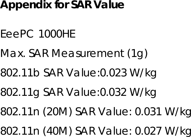 Appendix for SAR Value   EeePC 1000HE Max. SAR Measurement (1g) 802.11b SAR Value:0.023 W/kg 802.11g SAR Value:0.032 W/kg 802.11n (20M) SAR Value: 0.031 W/kg 802.11n (40M) SAR Value: 0.027 W/kg 