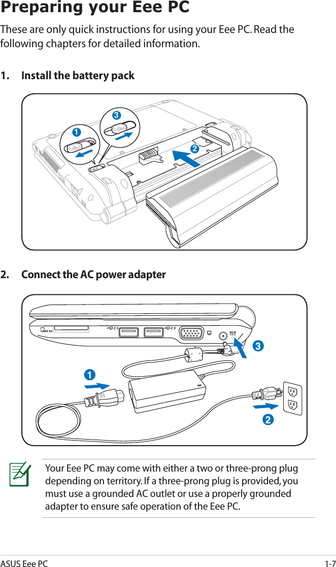 ASUS Eee PC1-7Preparing your Eee PCThese are only quick instructions for using your Eee PC. Read the following chapters for detailed information.1.  Install the battery pack2.  Connect the AC power adapterYour Eee PC may come with either a two or three-prong plug depending on territory. If a three-prong plug is provided, you must use a grounded AC outlet or use a properly grounded adapter to ensure safe operation of the Eee PC.132