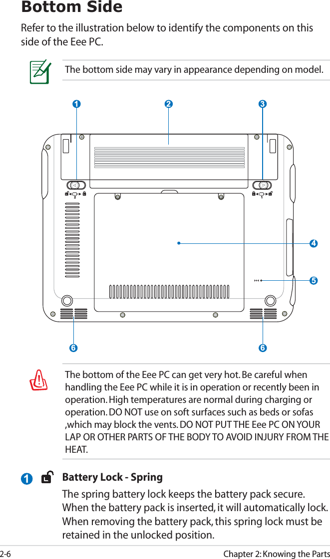 2-6Chapter 2: Knowing the PartsBottom SideRefer to the illustration below to identify the components on this side of the Eee PC.The bottom side may vary in appearance depending on model.The bottom of the Eee PC can get very hot. Be careful when handling the Eee PC while it is in operation or recently been in operation. High temperatures are normal during charging or operation. DO NOT use on soft surfaces such as beds or sofas ,which may block the vents. DO NOT PUT THE Eee PC ON YOUR LAP OR OTHER PARTS OF THE BODY TO AVOID INJURY FROM THE HEAT. 1221 3456 6  Battery Lock - Spring  The spring battery lock keeps the battery pack secure. When the battery pack is inserted, it will automatically lock. When removing the battery pack, this spring lock must be retained in the unlocked position.1