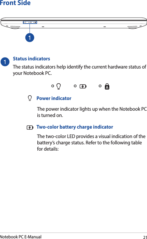 Notebook PC E-Manual21Front SideStatus indicatorsThe status indicators help identify the current hardware status of your Notebook PC.  Power indicator  The power indicator lights up when the Notebook PC is turned on.  Two-color battery charge indicator  The two-color LED provides a visual indication of the battery’s charge status. Refer to the following table for details: