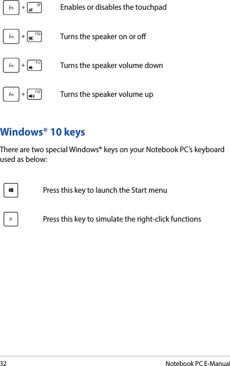 32Notebook PC E-ManualEnables or disables the touchpadTurns the speaker on or oTurns the speaker volume downTurns the speaker volume upWindows® 10 keysThere are two special Windows® keys on your Notebook PC’s keyboard used as below:Press this key to launch the Start menuPress this key to simulate the right-click functions