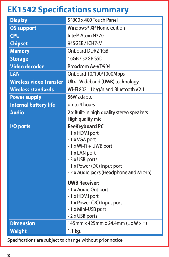 xEK1542 Speciﬁcations summaryDisplay 5”, 800 x 480 Touch PanelOS support Windows® XP Home editionCPU Intel® Atom N270Chipset 945GSE / ICH7-MMemory Onboard DDR2 1GBStorage 16GB / 32GB SSDVideo decoder Broadcom AV-VD904LAN Onboard 10/100/1000MbpsWireless video transfer Ultra-Wideband (UWB) technologyWireless standards Wi-Fi 802.11b/g/n and Bluetooth V2.1Power supply 36W adapterInternal battery life up to 4 hoursAudio 2 x Built-in high quality stereo speakers High quality micI/O ports EeeKeyboard PC: - 1 x HDMI port - 1 x VGA port - 1 x Wi-Fi + UWB port - 1 x LAN port - 3 x USB ports - 1 x Power (DC) Input port - 2 x Audio jacks (Headphone and Mic-in)UWB Receiver: - 1 x Audio Out port - 1 x HDMI port - 1 x Power (DC) Input port - 1 x Mini-USB port - 2 x USB portsDimension 145mm x 425mm x 24.4mm (L x W x H)Weight 1.1 kg.Speciﬁcations are subject to change without prior notice.