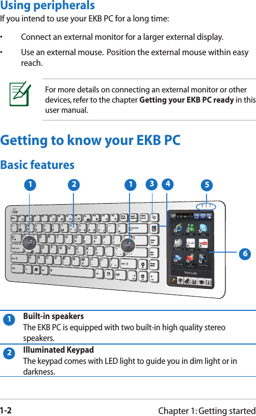1-2Chapter 1: Getting startedFor more details on connecting an external monitor or other devices, refer to the chapter Getting your EKB PC ready in this user manual.Using peripheralsIf you intend to use your EKB PC for a long time:•  Connect an external monitor for a larger external display.•  Use an external mouse.  Position the external mouse within easy reach.Getting to know your EKB PCBasic featuresPrt ScSysRqInsertNum LKDeleteScr LKHomeEndPauseBreakCtrlESCF1 F2 F31QZXCVBNM&lt;0123.,/&gt; ?SADFGHJKL;:“‘WERTVUIOP{}\|3456[]24567788990/-F4 F5 F6 F7 F8 F9 F10 F11 F12Enter_PgUpPgDn_13 462511Built-in speakers The EKB PC is equipped with two built-in high quality stereo speakers.2Illuminated Keypad The keypad comes with LED light to guide you in dim light or in darkness.