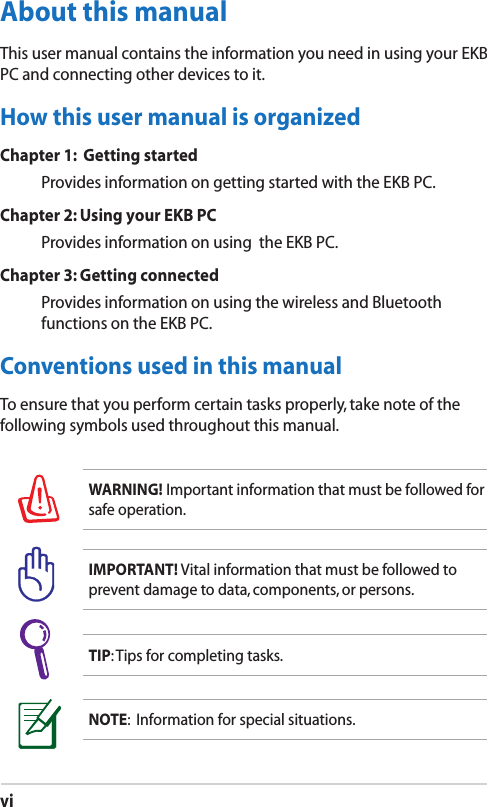 viAbout this manualThis user manual contains the information you need in using your EKB PC and connecting other devices to it.How this user manual is organizedChapter 1:  Getting startedProvides information on getting started with the EKB PC.Chapter 2: Using your EKB PCProvides information on using  the EKB PC.Chapter 3: Getting connectedProvides information on using the wireless and Bluetooth functions on the EKB PC.Conventions used in this manualTo ensure that you perform certain tasks properly, take note of the following symbols used throughout this manual.WARNING! Important information that must be followed for safe operation.NOTE:  Information for special situations.IMPORTANT! Vital information that must be followed to prevent damage to data, components, or persons.TIP: Tips for completing tasks.