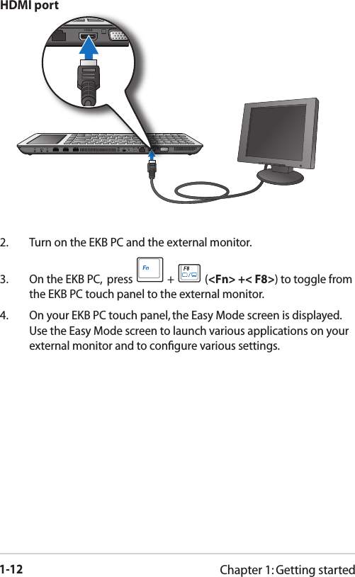 1-12Chapter 1: Getting started2.  Turn on the EKB PC and the external monitor.3.  On the EKB PC,  press   +   (&lt;Fn&gt; +&lt; F8&gt;) to toggle from the EKB PC touch panel to the external monitor. 4.  On your EKB PC touch panel, the Easy Mode screen is displayed. Use the Easy Mode screen to launch various applications on your external monitor and to conﬁgure various settings.HDMI port