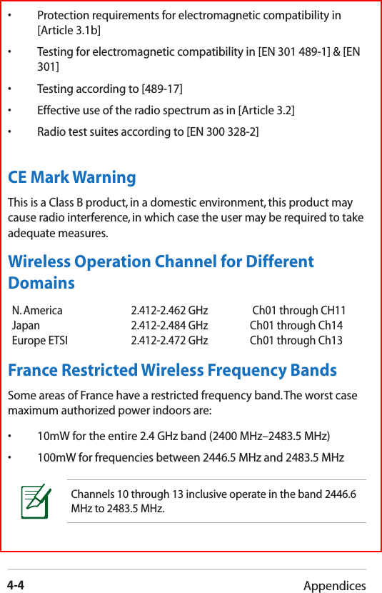 4-4Appendices•  Protection requirements for electromagnetic compatibility in [Article 3.1b]•  Testing for electromagnetic compatibility in [EN 301 489-1] &amp; [EN 301]•  Testing according to [489-17]•  Effective use of the radio spectrum as in [Article 3.2]•  Radio test suites according to [EN 300 328-2]CE Mark WarningThis is a Class B product, in a domestic environment, this product may cause radio interference, in which case the user may be required to take adequate measures.Wireless Operation Channel for Different DomainsN. America 2.412-2.462 GHz  Ch01 through CH11    Japan 2.412-2.484 GHz Ch01 through Ch14Europe ETSI 2.412-2.472 GHz Ch01 through Ch13France Restricted Wireless Frequency BandsSome areas of France have a restricted frequency band. The worst case maximum authorized power indoors are: •   10mW for the entire 2.4 GHz band (2400 MHz–2483.5 MHz) •   100mW for frequencies between 2446.5 MHz and 2483.5 MHzChannels 10 through 13 inclusive operate in the band 2446.6 MHz to 2483.5 MHz.