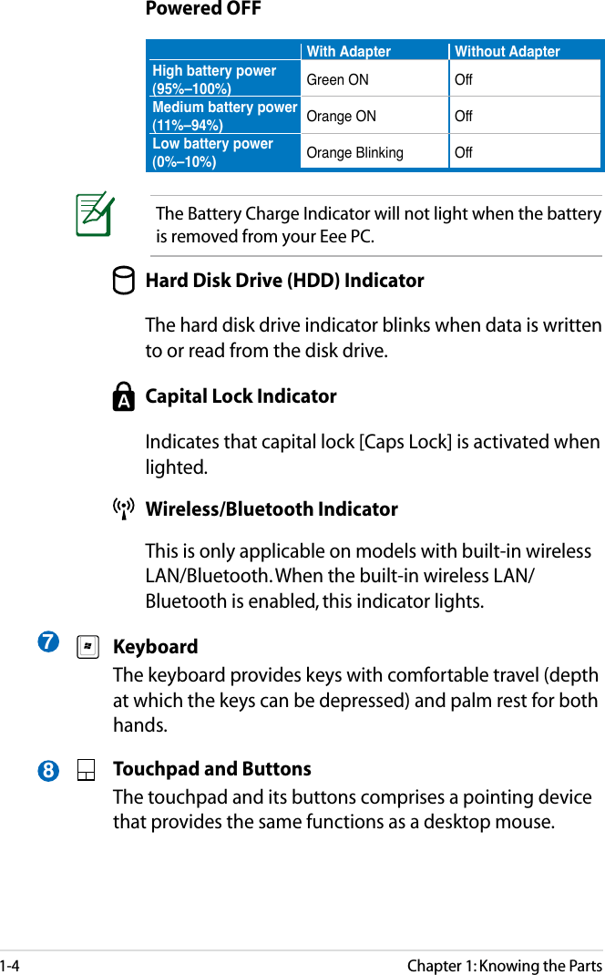 1-4Chapter 1: Knowing the Parts78 Powered OFFWith Adapter  Without AdapterHigh battery power (95%–100%) Green ON OffMedium battery power (11%–94%) Orange ON OffLow battery power (0%–10%) Orange Blinking  OffThe Battery Charge Indicator will not light when the battery is removed from your Eee PC. Hard Disk Drive (HDD) Indicator  The hard disk drive indicator blinks when data is written to or read from the disk drive. Capital Lock Indicator  Indicates that capital lock [Caps Lock] is activated when lighted. Wireless/Bluetooth Indicator  This is only applicable on models with built-in wireless LAN/Bluetooth. When the built-in wireless LAN/Bluetooth is enabled, this indicator lights. Keyboard  The keyboard provides keys with comfortable travel (depth at which the keys can be depressed) and palm rest for both hands. Touchpad and Buttons  The touchpad and its buttons comprises a pointing device that provides the same functions as a desktop mouse.