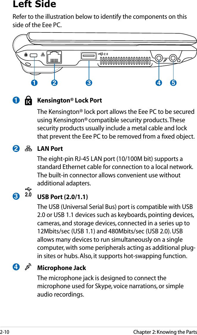 2-10Chapter 2: Knowing the Parts21 3 4 5Left SideRefer to the illustration below to identify the components on this side of the Eee PC.  Kensington® Lock Port  The Kensington® lock port allows the Eee PC to be secured using Kensington® compatible security products. These security products usually include a metal cable and lock that prevent the Eee PC to be removed from a ﬁxed object.  LAN Port  The eight-pin RJ-45 LAN port (10/100M bit) supports a standard Ethernet cable for connection to a local network. The built-in connector allows convenient use without additional adapters.2.0  USB Port (2.0/1.1)  The USB (Universal Serial Bus) port is compatible with USB 2.0 or USB 1.1 devices such as keyboards, pointing devices, cameras, and storage devices, connected in a series up to 12Mbits/sec (USB 1.1) and 480Mbits/sec (USB 2.0). USB allows many devices to run simultaneously on a single computer, with some peripherals acting as additional plug-in sites or hubs. Also, it supports hot-swapping function. Microphone Jack  The microphone jack is designed to connect the microphone used for Skype, voice narrations, or simple audio recordings.1234